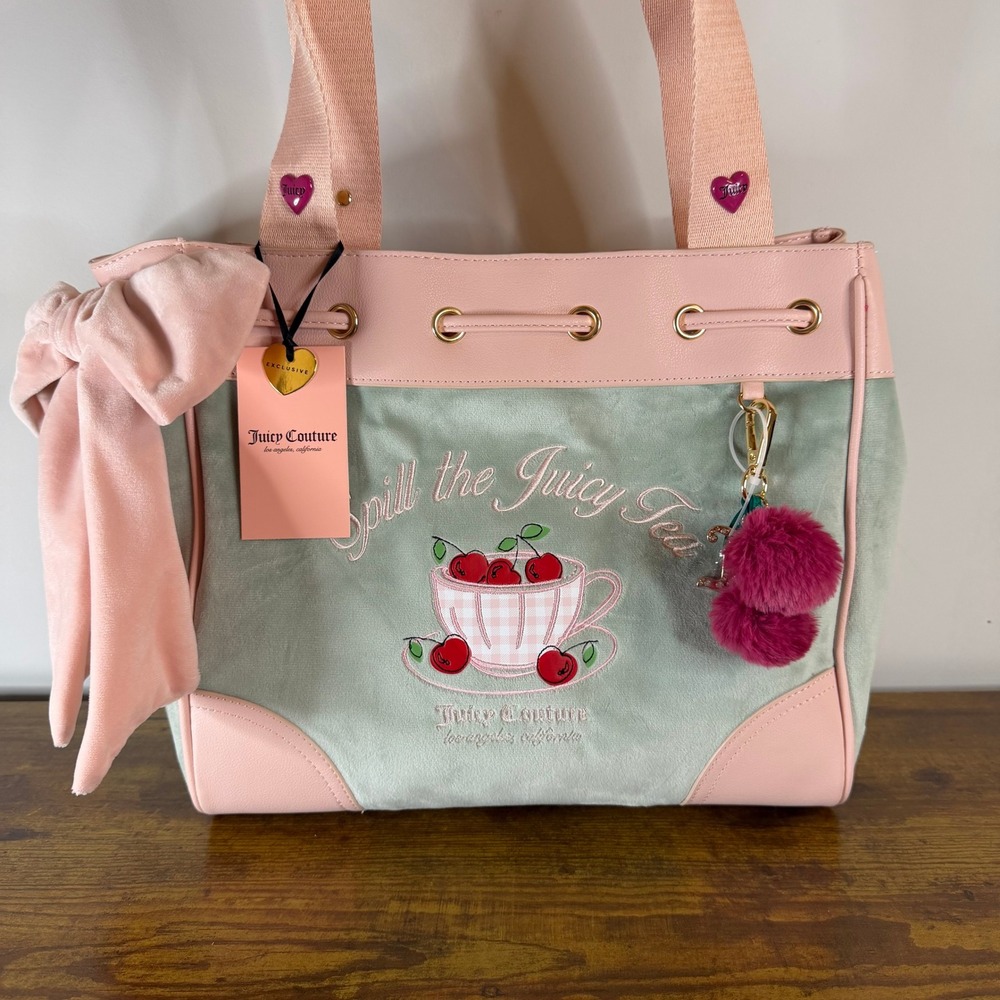 New Juicy Couture Sweet Spill The Tea Party Frost Green Pink Daydreamer Tote Bag